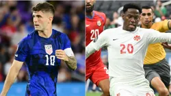 Christian Pulisic #10 of United States (L) and Jonathan David #20 of Canada (R)
