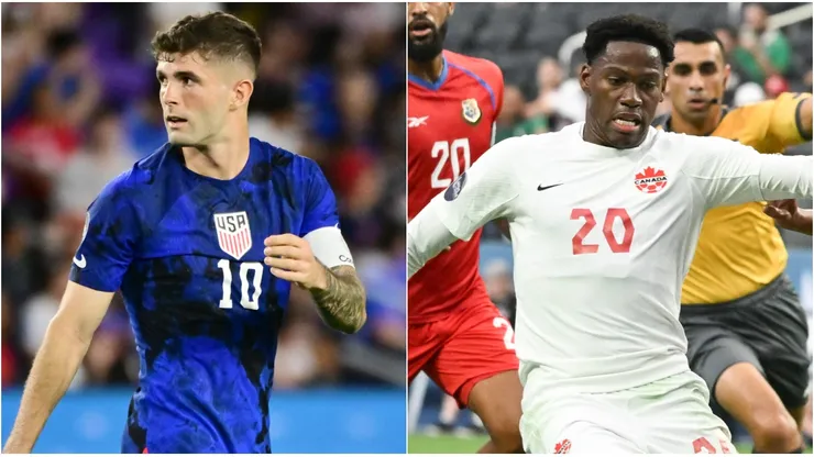 Christian Pulisic #10 of United States (L) and Jonathan David #20 of Canada (R)