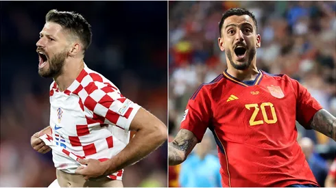 Bruno Petkovic of Croatia (L) and Joselu of Spain (R)