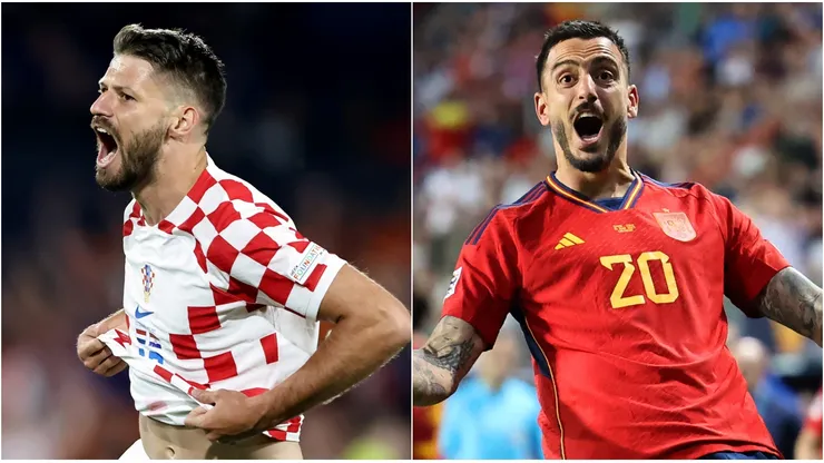 Bruno Petkovic of Croatia (L) and Joselu of Spain (R)