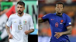 Francesco Acerbi of Italy (L) and Georginio Wijnaldum of Netherlands (R)