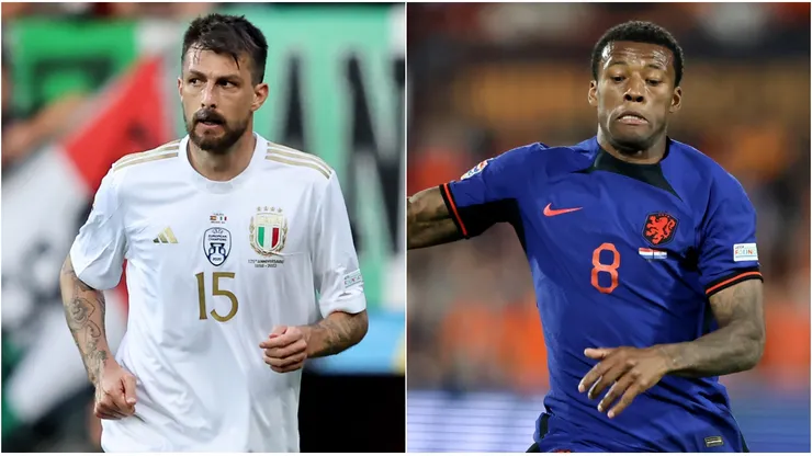 Francesco Acerbi of Italy (L) and Georginio Wijnaldum of Netherlands (R)
