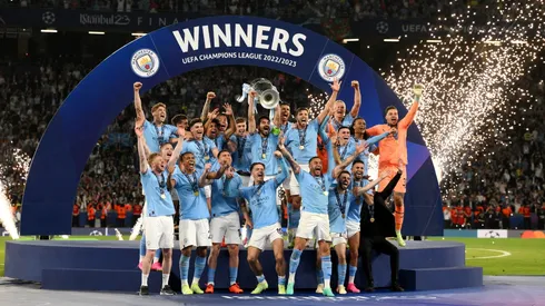 Man City celebrate their UCL win.