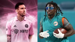 Lionel Messi (left, Inter Miami), Tyreek Hill (right, Miami Dolphins)