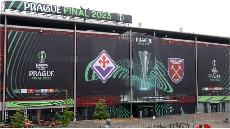 A general view outside Eden Arena prior to the UEFA Europa Conference League 2022/23 final match