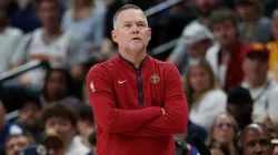 HC Malone of the Nuggets during Game 2 DENVER, COLORADO - JUNE 04: Head coach Michael Malone of the Denver Nuggets looks on during the third quarter against the Miami Heat in Game Two of the 2023 NBA Finals at Ball Arena on June 04, 2023 in Denver, Colorado. NOTE TO USER: User expressly acknowledges and agrees that, by downloading and or using this photograph, User is consenting to the terms and conditions of the Getty Images License Agreement. (Photo by Matthew Stockman/Getty Images)