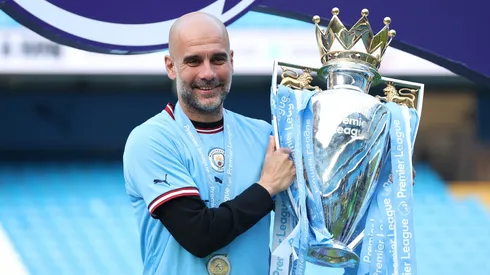Pep Guardiola after winning the 2022-2023 Premier League with Manchester City
