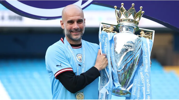 Pep Guardiola after winning the 2022-2023 Premier League with Manchester City