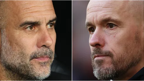 Pep Guardiola, Manager of Manchester City (L) and Erik ten Hag, Manager of Manchester United