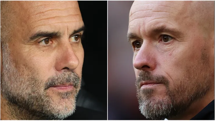 Pep Guardiola, Manager of Manchester City (L) and Erik ten Hag, Manager of Manchester United