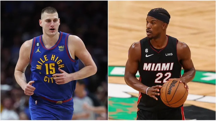 Nikola Jokic of the Nuggets (left) and Jimmy Butler of the Heat.