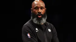 NEW YORK, NEW YORK - MARCH 29: Head coach Jacque Vaughn of the Brooklyn Nets coaches from the bench during the game against the Houston Rockets at Barclays Center on March 29, 2023 in New York City. (Photo by Jamie Squire/Getty Images)