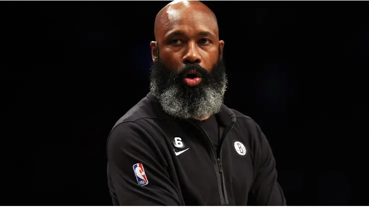 NEW YORK, NEW YORK - MARCH 29: Head coach Jacque Vaughn of the Brooklyn Nets coaches from the bench during the game against the Houston Rockets at Barclays Center on March 29, 2023 in New York City. (Photo by Jamie Squire/Getty Images)
