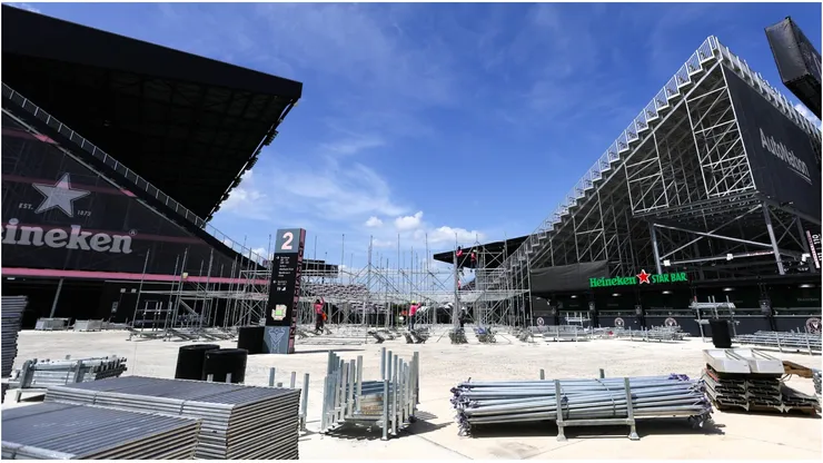 Workers construct additional seating at DRV PINK stadium ahead of Lionel Messi’s unveiling