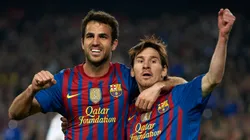 Lionel Messi with Cesc Fabregas playing for Barcelona