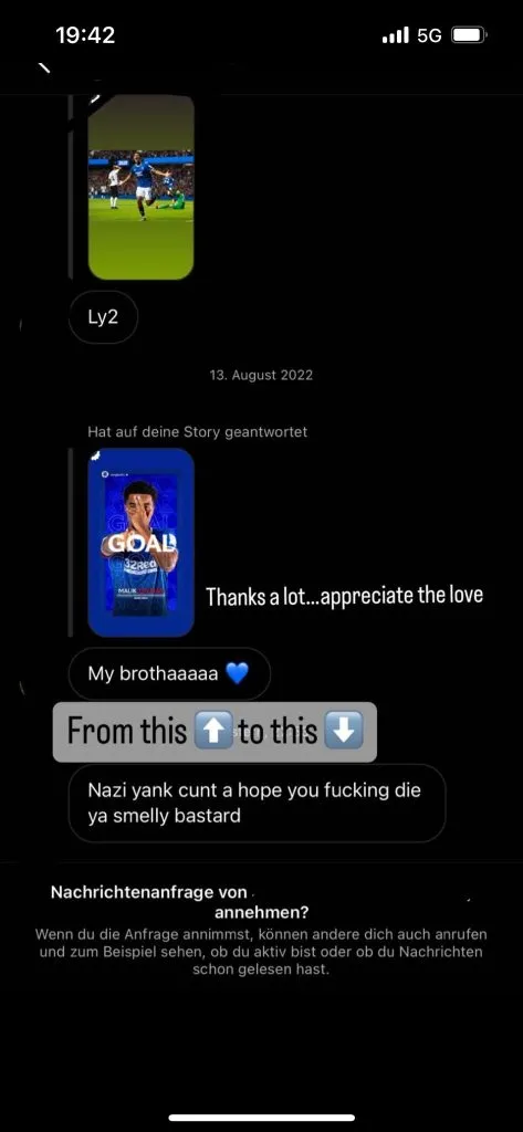 Hate message on Instagram