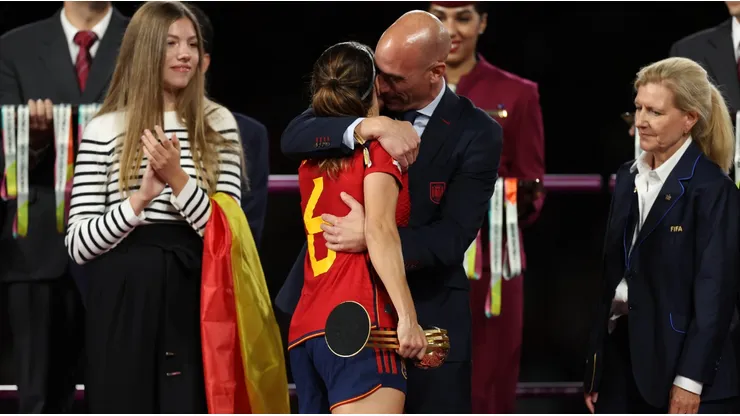 Luis Rubiales, President of the Royal Spanish Federation greets Aitana Bonmati of Spain after the FIFA Women's World Cup Australia & New Zealand 2023 Final match between Spain and England at Stadium Australia on August 20, 2023 in Sydney, Australia.