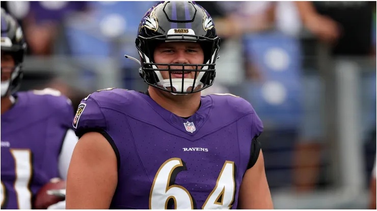Center Tyler Linderbaum #64 of the Baltimore Ravens