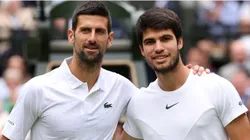 Novak Djokovic of Serbia and Carlos Alcaraz of Spain
