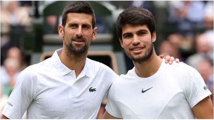 Novak Djokovic of Serbia and Carlos Alcaraz of Spain