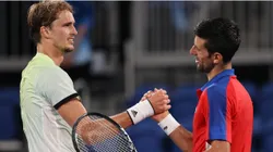 Alexander Zverev of Germany shakes hands with Novak Djokovic of Serbia