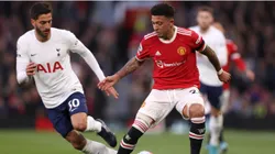 Jadon Sancho of Manchester United is closed down by Rodrigo Bentancur of Tottenham Hotspur