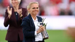 Sarina Wiegman, Manager of England pose for a photo with the UEFA Women's Coach of the Year trophy