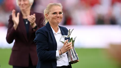 Sarina Wiegman, Manager of England pose for a photo with the UEFA Women's Coach of the Year trophy
