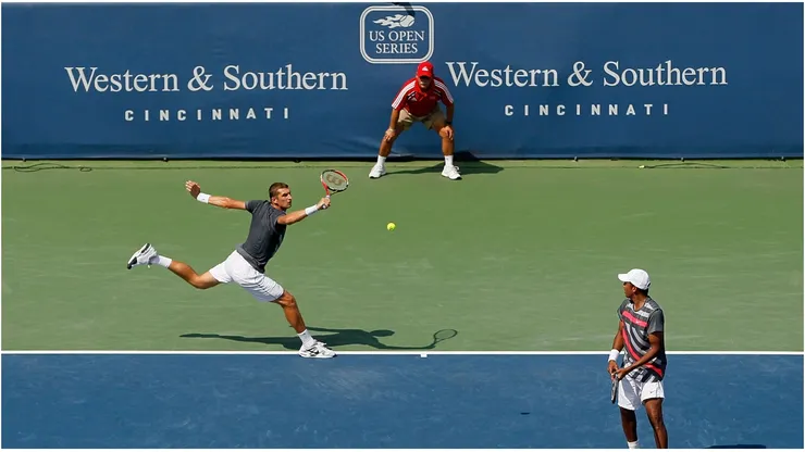 Mahesh Bhupathi of India and Max Mirnyi of Belarus during a match