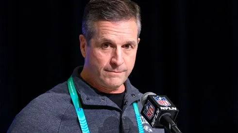 INDIANAPOLIS, INDIANA - MARCH 01: Head coach John Harbaugh of the Baltimore Ravens speaks to the media during the NFL Combine at Lucas Oil Stadium on March 01, 2023 in Indianapolis, Indiana. (Photo by Justin Casterline/Getty Images)