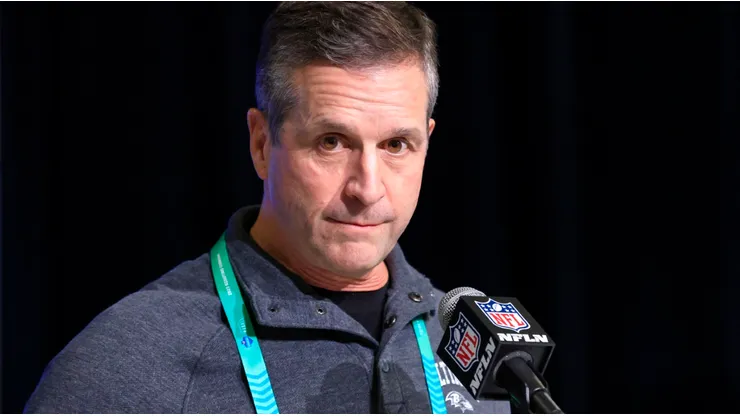 INDIANAPOLIS, INDIANA - MARCH 01: Head coach John Harbaugh of the Baltimore Ravens speaks to the media during the NFL Combine at Lucas Oil Stadium on March 01, 2023 in Indianapolis, Indiana. (Photo by Justin Casterline/Getty Images)
