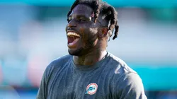 JACKSONVILLE, FLORIDA - AUGUST 26: Tyreek Hill #10 of the Miami Dolphins warms up prior to a preseason game against the Jacksonville Jaguars at TIAA Bank Field on August 26, 2023 in Jacksonville, Florida. (Photo by Rich Storry/Getty Images)