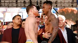 Undisputed super middleweight champion Saul “Canelo” Alvarez of Mexico (L) and Jermell Charlo face off during their weigh-in