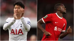 Heung-Min Son of Tottenham Hotspur (L) and Ibrahima Konate of Liverpool (R)