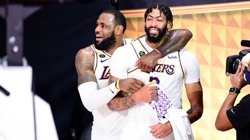 LeBron James and Anthony Davis celebrate after a game.