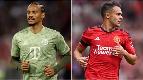 Leroy Sane of Bayern Munich (L) and Sergio Reguilon of Manchester United (R)