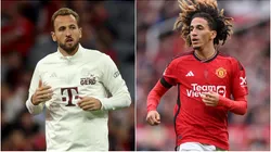 Harry Kane of Bayern Munich and Hannibal Mejbri of Manchester United