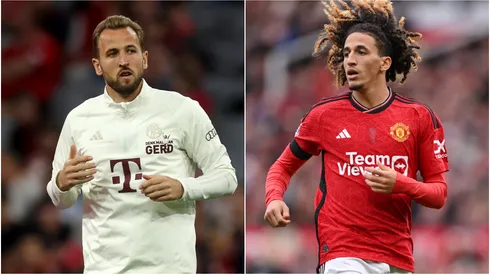 Harry Kane of Bayern Munich and Hannibal Mejbri of Manchester United