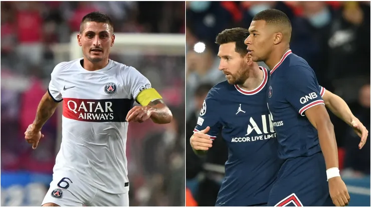 Marco Verrati (left), Lionel Messi and Kylian Mbappe