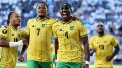 Bobby De Cordova-Reid #10, Leon Bailey #7 and Amari'i Bell #4 of Jamaica celebrate