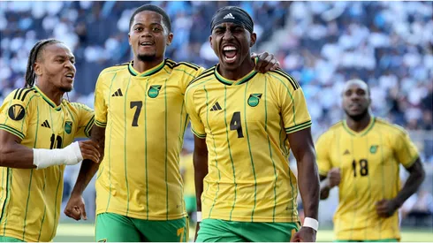 Bobby De Cordova-Reid #10, Leon Bailey #7 and Amari'i Bell #4 of Jamaica celebrate