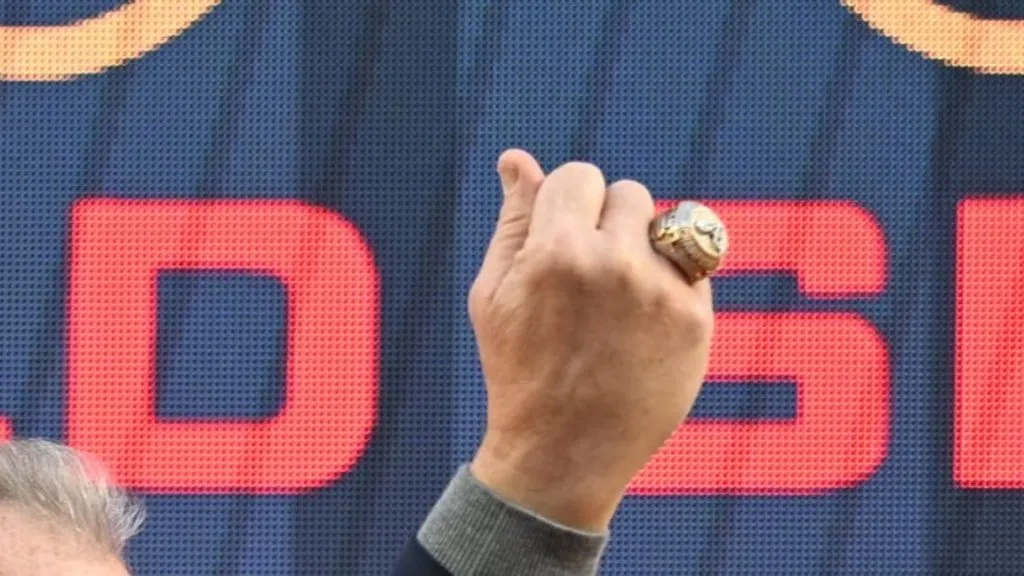 Mike Plant of the Atlanta Braves shows off his World Series Ring 