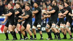 Sam Cane of the All Blacks and team mates perform the Haka during the Rugby World Cup