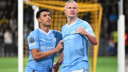 Erling Haaland of Manchester City celebrates with teammate Matheus Nunes