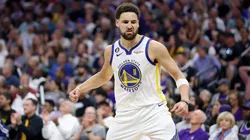 Klay Thompson reacts during a game after scoring.