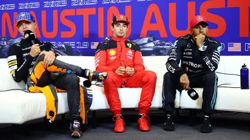 Pole position qualifier Charles Leclerc of Ferrari, Second placed qualifier Lando Norris of McLaren and third placed qualifier Lewis Hamilton of Mercedes