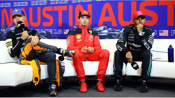 Pole position qualifier Charles Leclerc of Ferrari, Second placed qualifier Lando Norris of McLaren and third placed qualifier Lewis Hamilton of Mercedes