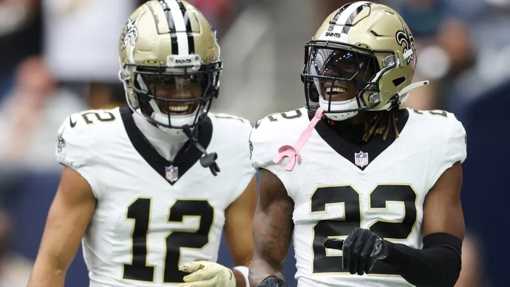 Rashid Shaheed #22 of the New Orleans Saints celebrates with Chris Olave