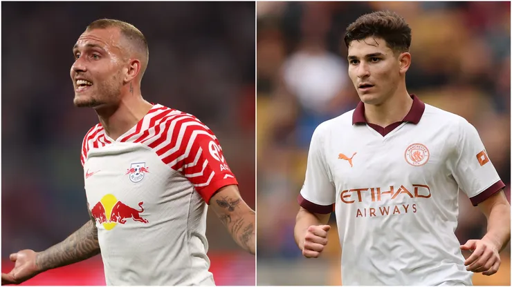 David Raum of RB Leipzig and Julian Alvarez of Manchester City