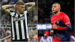Kieran Trippier of Newcastle United and Kylian Mbappe of Paris Saint-Germain